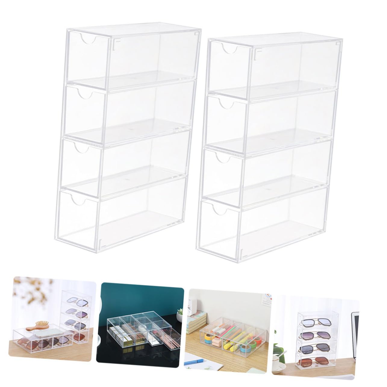 Baluue Caja Organizadora Transparente para Gafas de Sol 2 Unidades 4 Capas y Cajones, Material PS Resistente y Diseño Sencillo para Uso Personal en Casa