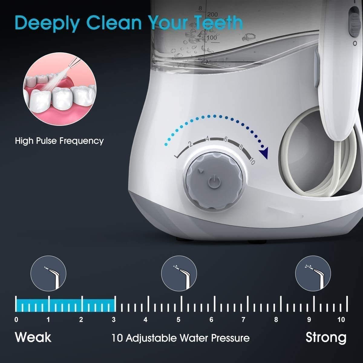 Flosser dell'acqua, pulitore dei denti del flosser dell'acqua for la famiglia, 6 punte multifunzionali del jet, IPX7 impermeabile, 10 modalità regolabili for le esigenze di assistenza orale della fami