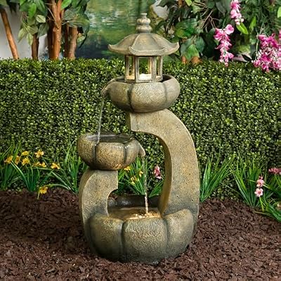 Alpine Corporation WIN1418 41" Outdoor Cascading Rainforest Rock Waterfall Fountain with LED Lights – Natural Stone-Look Water Feature for Gardens, Patios, and Yards, Brown
