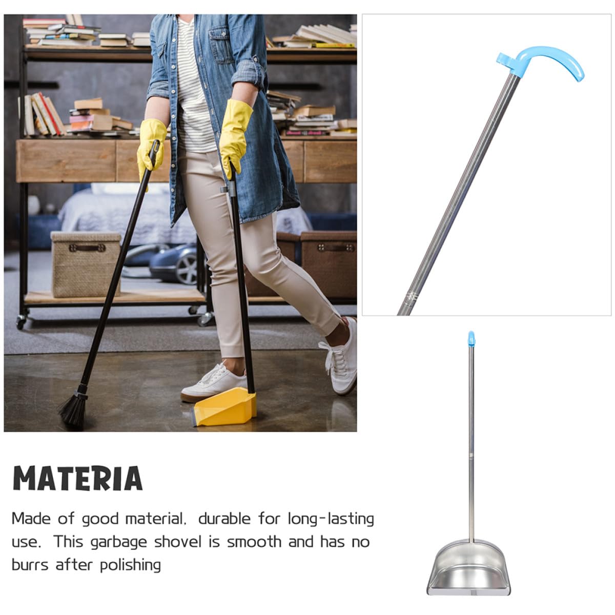 Recogedor de Basura Duradero de Polvo Doméstico, Pala de Limpieza Mango Largo Desmontable, Acero Inoxidable y Plástico, para Cocina y Casa