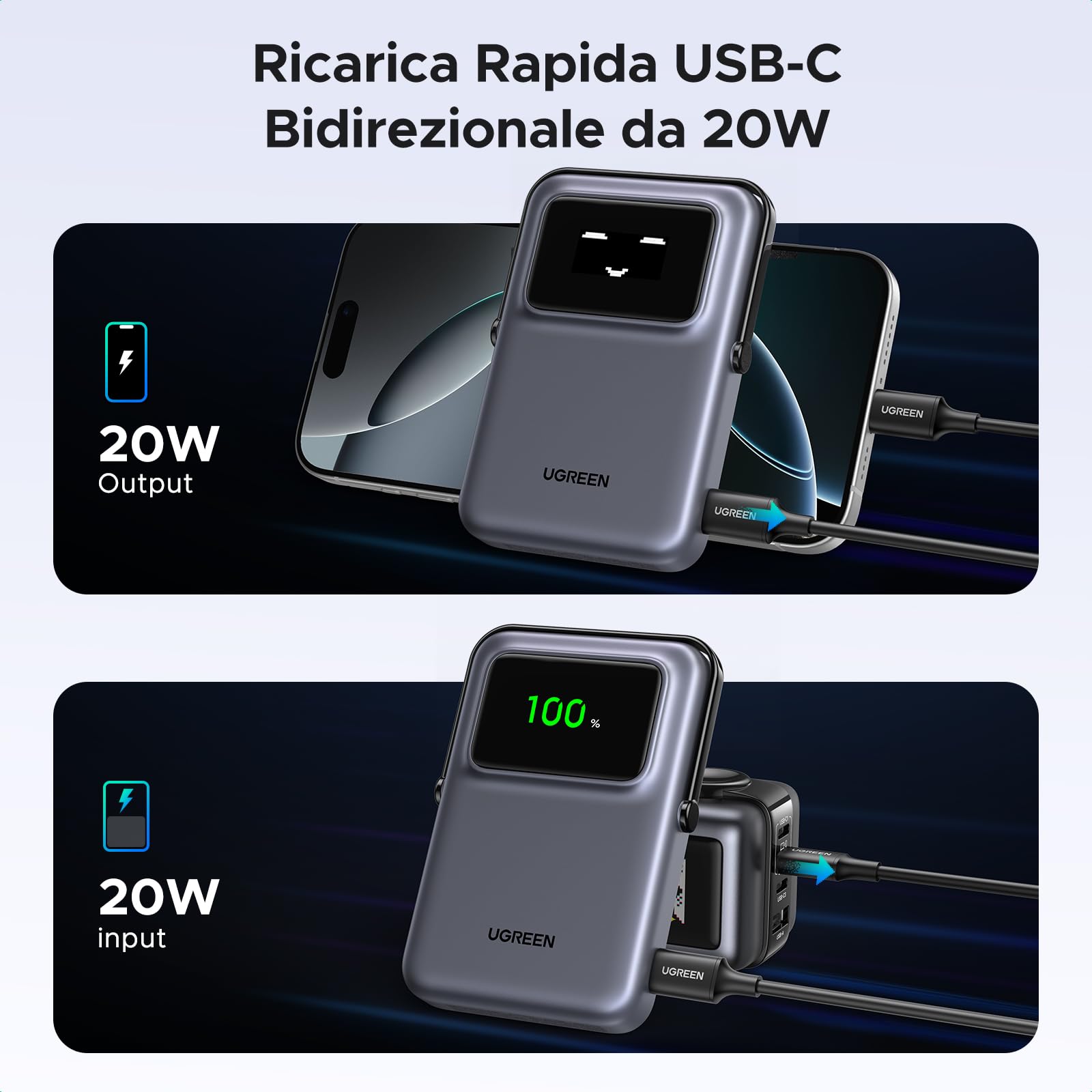 UGREEN Uno Qi2 15W Power Bank Magnetico 10000mAh, Caricatore Portatile PD 20W con Cavo USB C, Power Bank Wireless con Display e Supporto, Compatibile con iPhone 16/15/14/13/12 Mini Plus Pro Max (Nero)