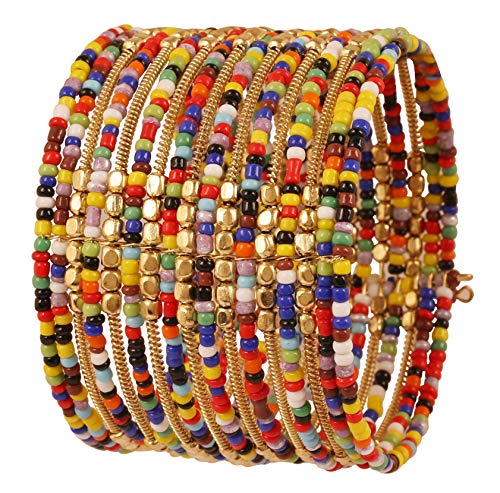 Image of Touchstone Indian Colorful Bead Bracelet Bollywood Beaten Metal Beads Openable Broad Cuff Bracelet in Gold or White Tone for Women.