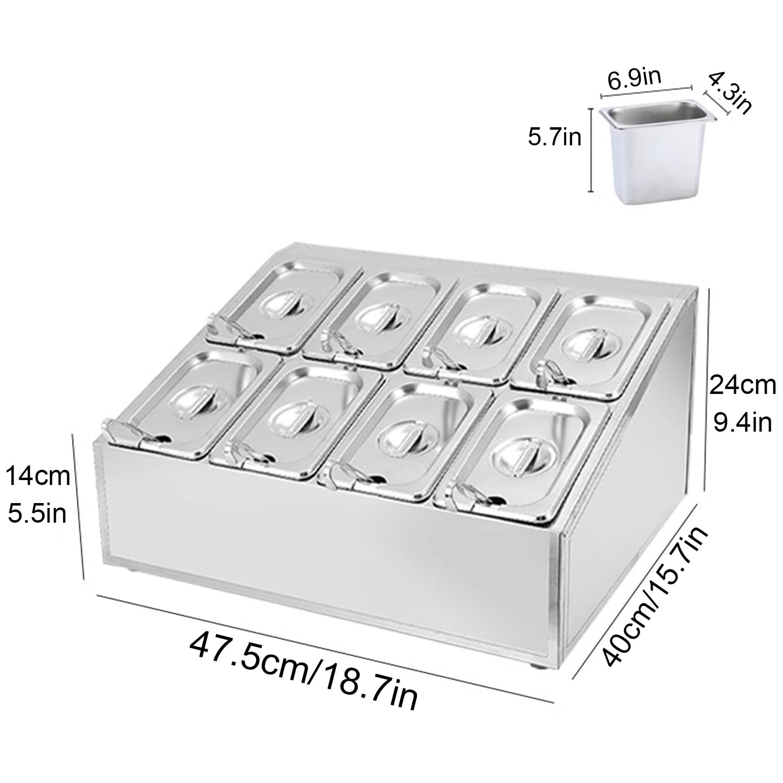 Stazione di versamento per pizza con padelle e coperchi, ripiano inclinato per piano in acciaio inox, portaspezie, condimento per insalata, marmellate, frutta, ingredienti, mensola, 45666
