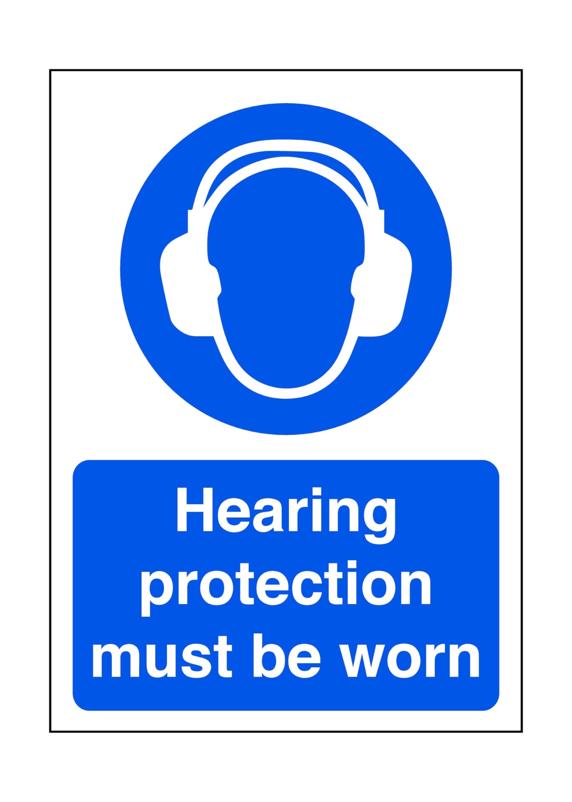 Safety First Display Ltd Blue/White Hearing Protection Must Be Worn - Safety Sign, Ppe Clothing, Ppe - High Tack Self-Adhesive Sticker (300Mm X 200Mm) Viewing Distance Within 7M.