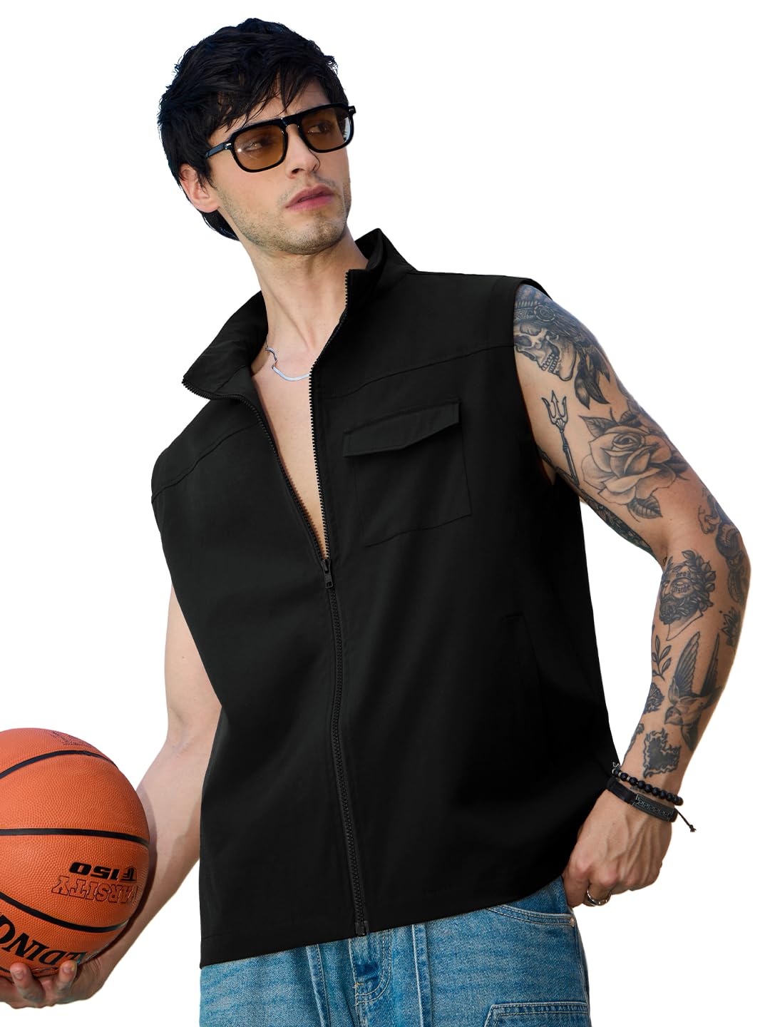 the souled store Casual Vest: Ignite: Men and Boys Sleeveless Zip Front Collar Neck Black Solid Nylon Elastane Regular Fit Lightweight Versatile Utility Style Everyday Casual Vests-picture-31