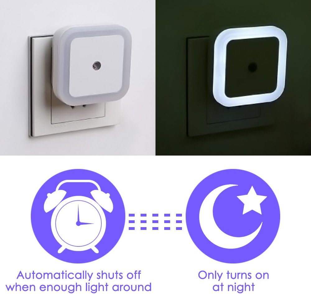 Dland LED Night Light Lamp with Smart Auto ON/Off Sensor Set of 4, 0.5W Plug-in LED Wall Night Light Lamp for Bedroom, Bathroom, Hallway, Stairways, or Any Dark Room Soft Brightness.(White)