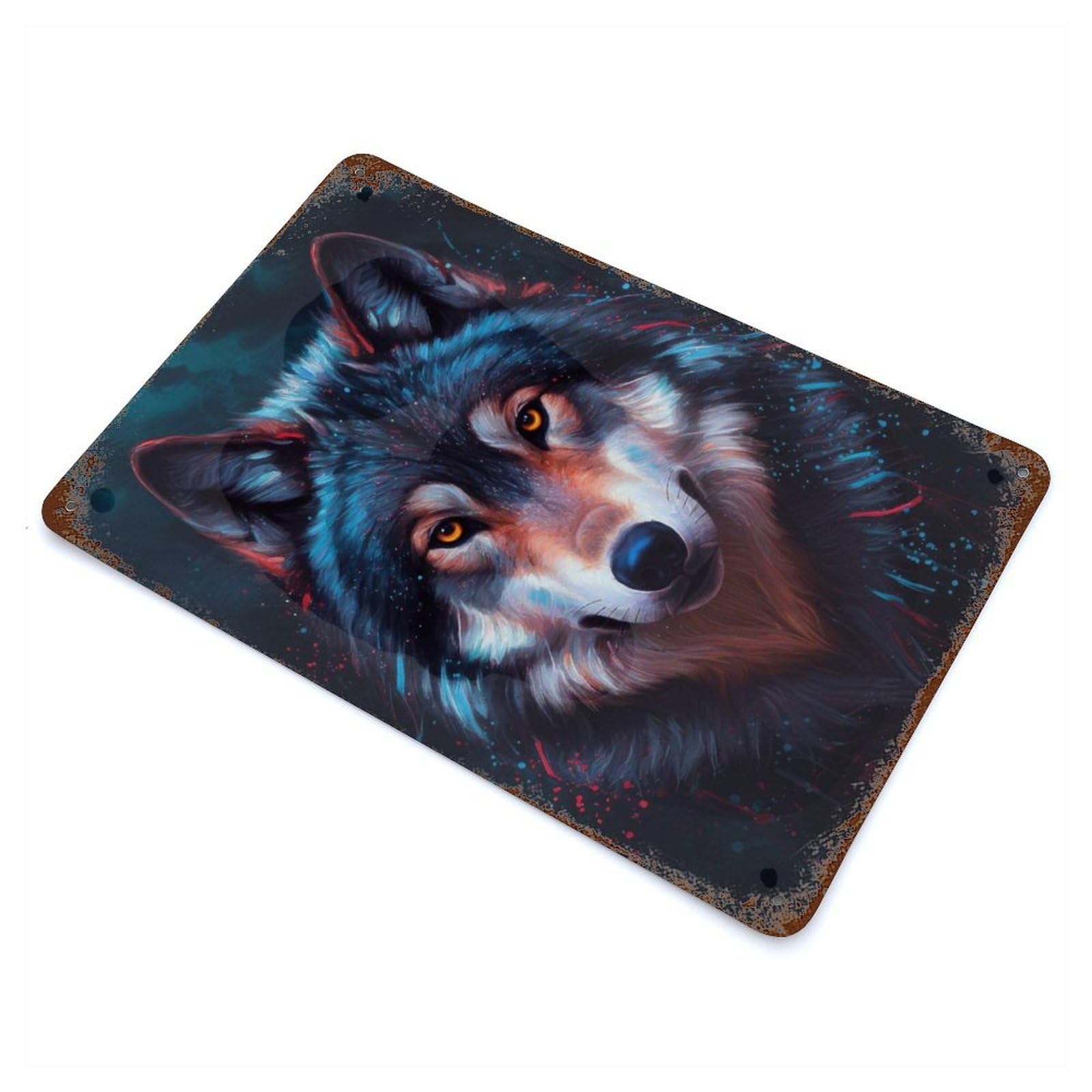Wolf Portrait with Splashes Rusty Metal Tin Sign 11.8"x7.9", Ideal for Farmhouse, Kitchen And Entryway Decor