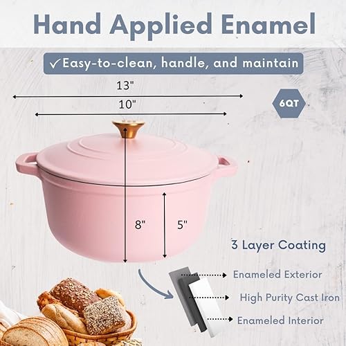 Miniatura 4 de Lexi Home Olla de horno holandés esmaltado de hierro fundido con tapa, 6 cuartos de galón, sartén para salsa, servidor de pasta, olla superior de