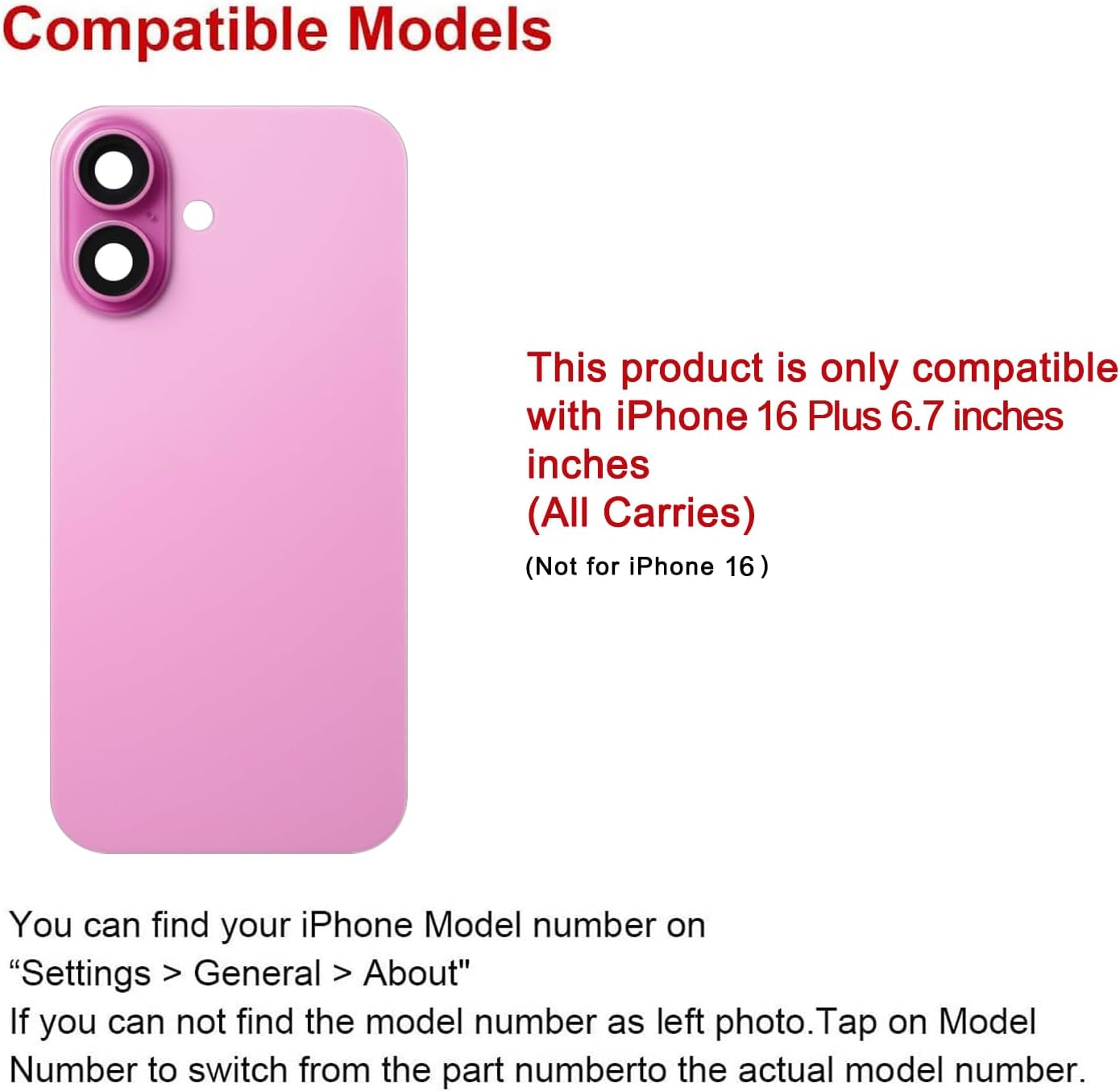 Rear Back Glass Replacement for iPhone 16 Plus 6.7-inches with + Pre-Installed Plate and Camera Frame and lens + Reparing Tool Kit (Pink)