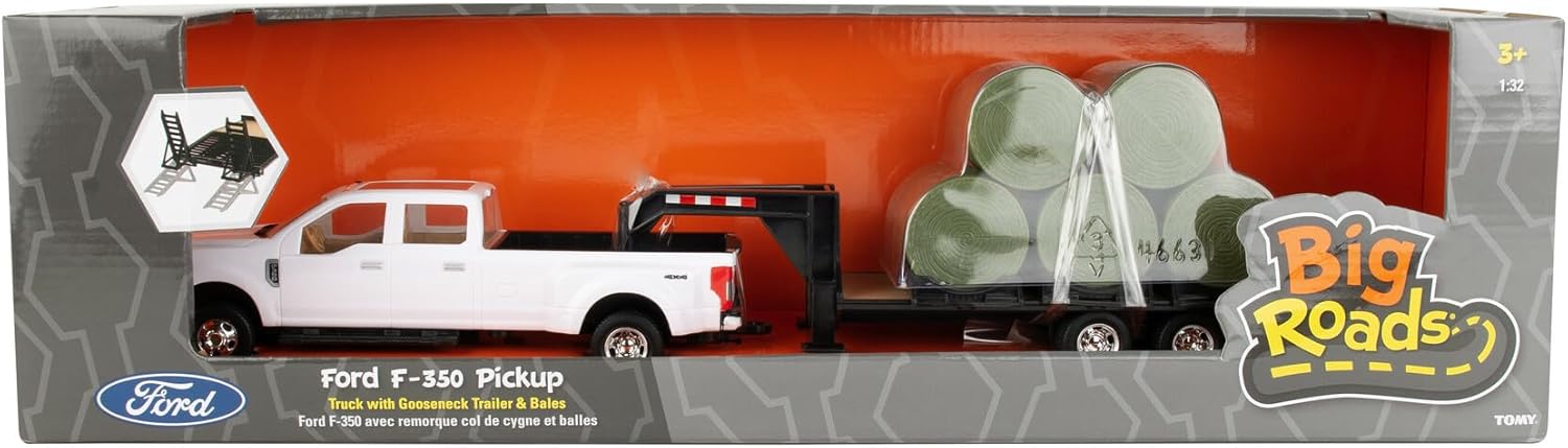 TOMY John Deere Ford Pickup with Gooseneck Trailer with Bales & Bale Holder, White, Green, Unisex Children