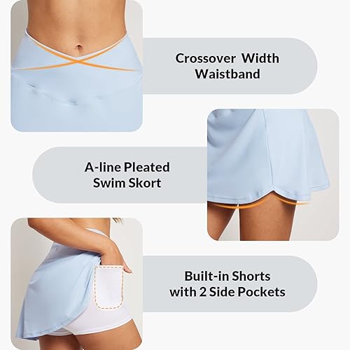Miniatura 3 de BALEAF Falda de natación para mujer, de cintura alta, plisada, con forro tipo bóxer con bolsillos