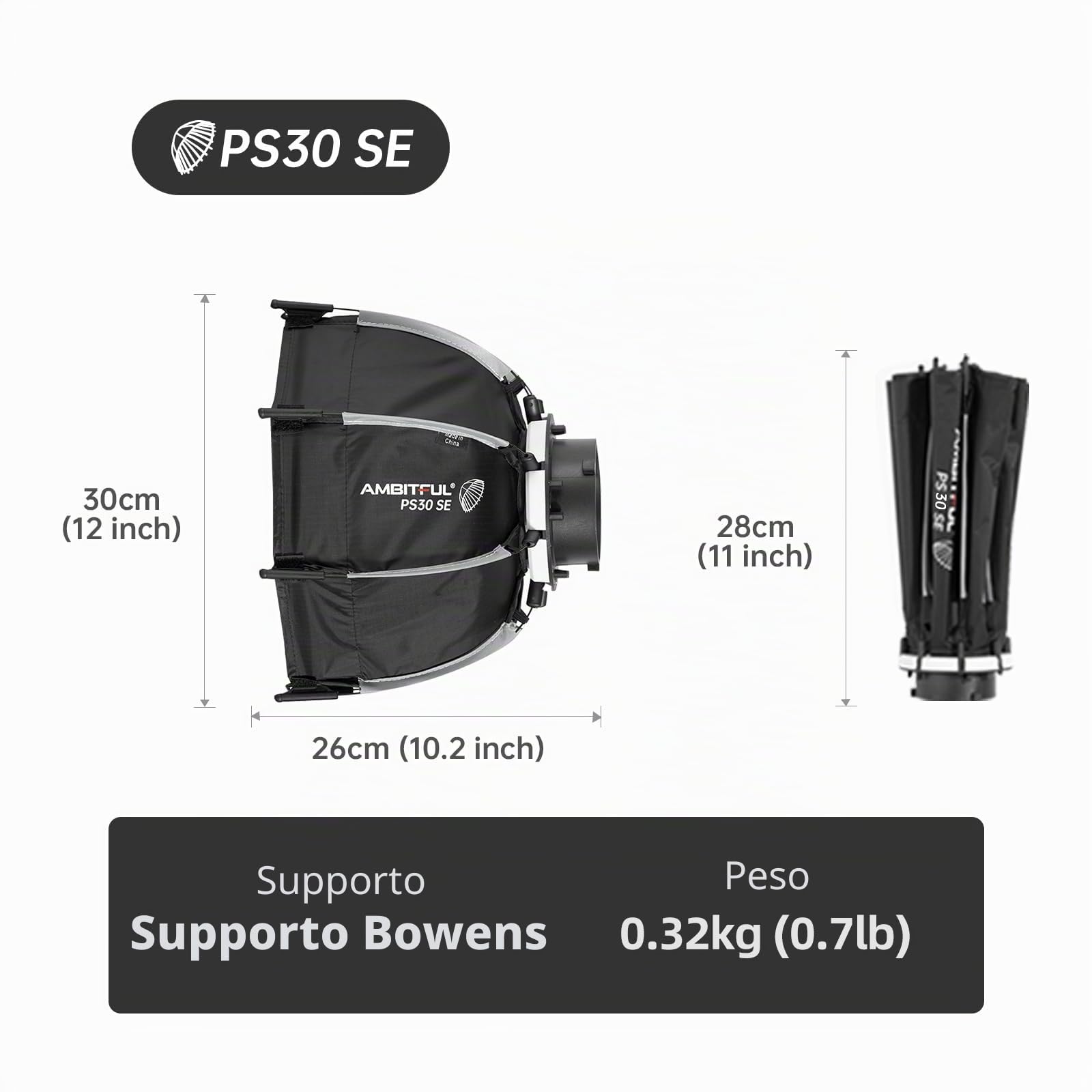 AMBITFUL Mini Softbox da 30 cm a Sgancio Rapido Con Supporto Bowens Pieghevole, Installazione Veloce Con Diffusori/Griglia a Nido d'Ape/Borsa