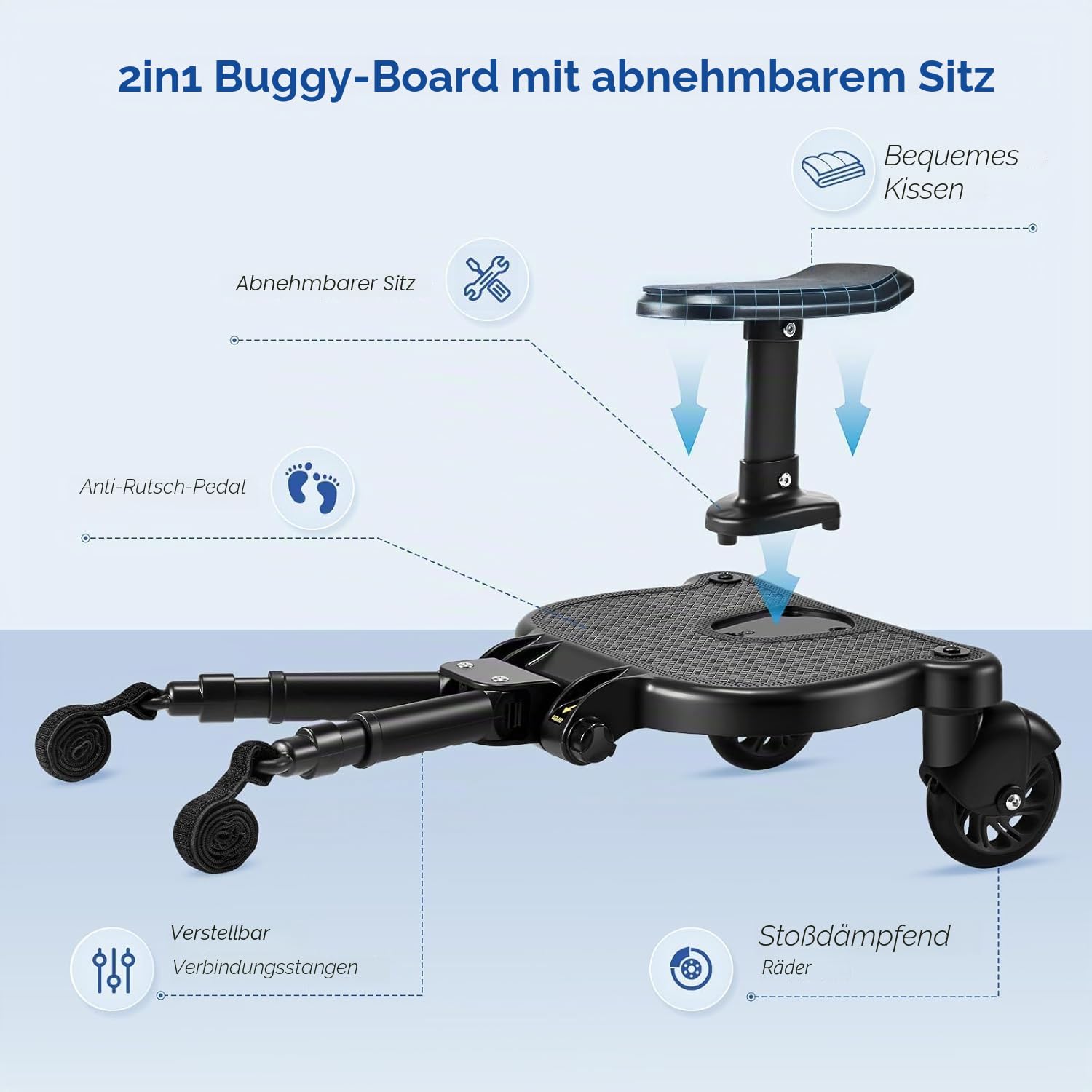 Buggy für Babys, Skate Kinderwagen, Universal, tragbar, Trittbrett für Kinderwagen, Kiddy Boards mit Aufhängegurt, Bretter mit Rollen für Babys von 2 bis 6 Jahren (25 kg)