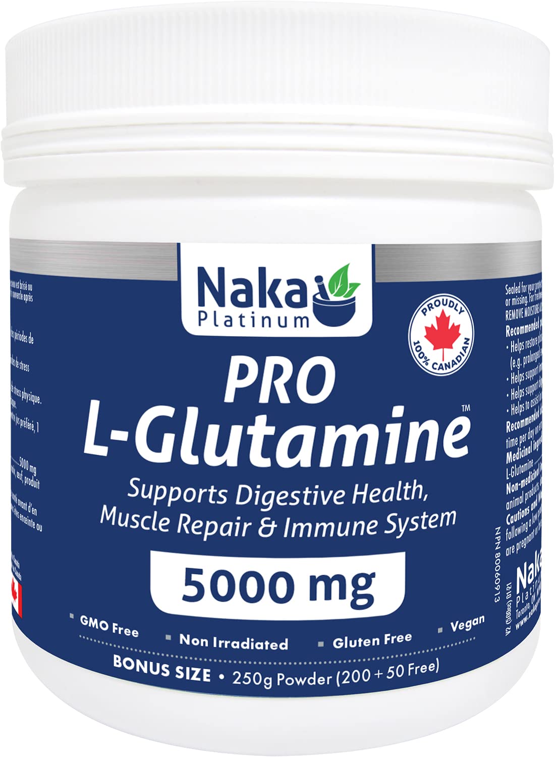 L-Glutamine 250, NAKA Platinum PRO Powder - Bonus Size: 250g (8.8 oz) 200 + 50 Free, 250 Count.