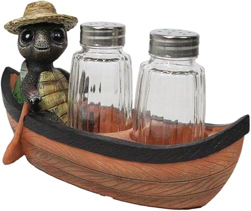 Miniatura 2 de Ebros Gift Happy Camper Turtle Zippy con un sombrero de excursionista, bote de remo, salero y pimienta, figura con agitadores de vidrio para