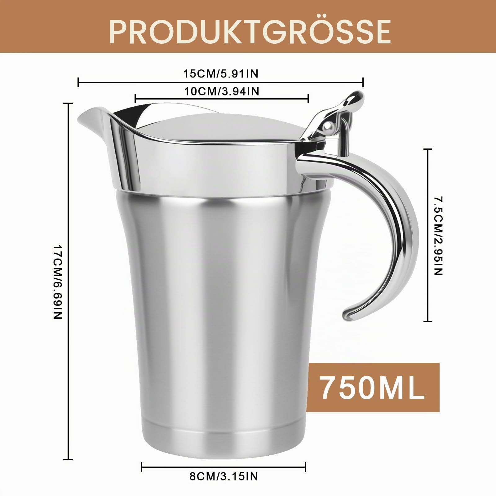 750ml Edelstahl Thermo Sauciere, Doppelt Isoliert Soßenkanne Tropffreier Ausgießer Thermosauciere für Hause Abendessen Restaurants Partys Eleganter Silber