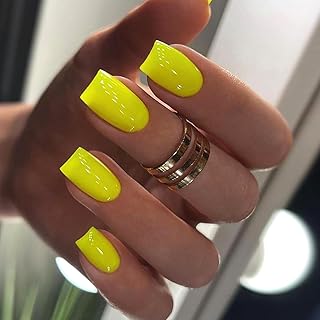 Square Press on Nails Medium Length Fake Nails Yellow Acrylic Nails Glossy False Nails with Designs Full Cover Glue on Nails French Reusable Artificial Nails for Women and Girls 24PCS
