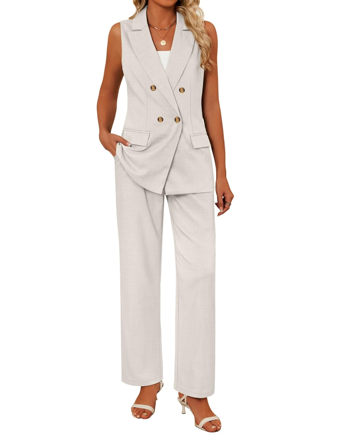 Riyiper Women Suits 2 Piece Sets Button Lapel V Neck Sleeveless Blazer Vest and Wide Leg Pants Suit