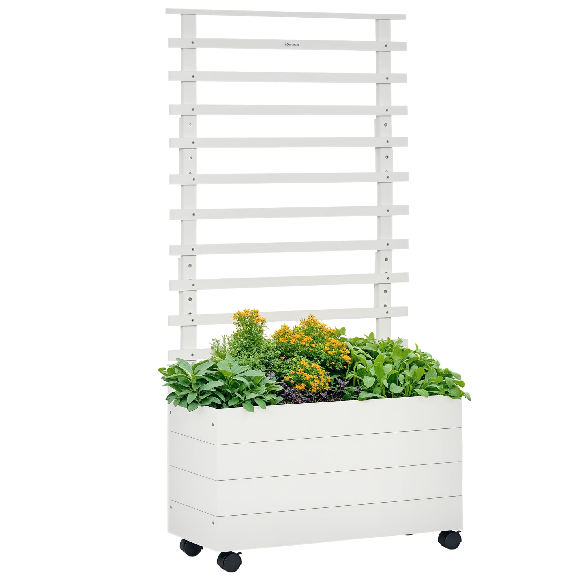 Outsunny Fioriera Rialzata Verticale con 4 Ruote e Traliccio per Piante Rampicanti in Legno di Abete, 76x30x155cm, Bianco