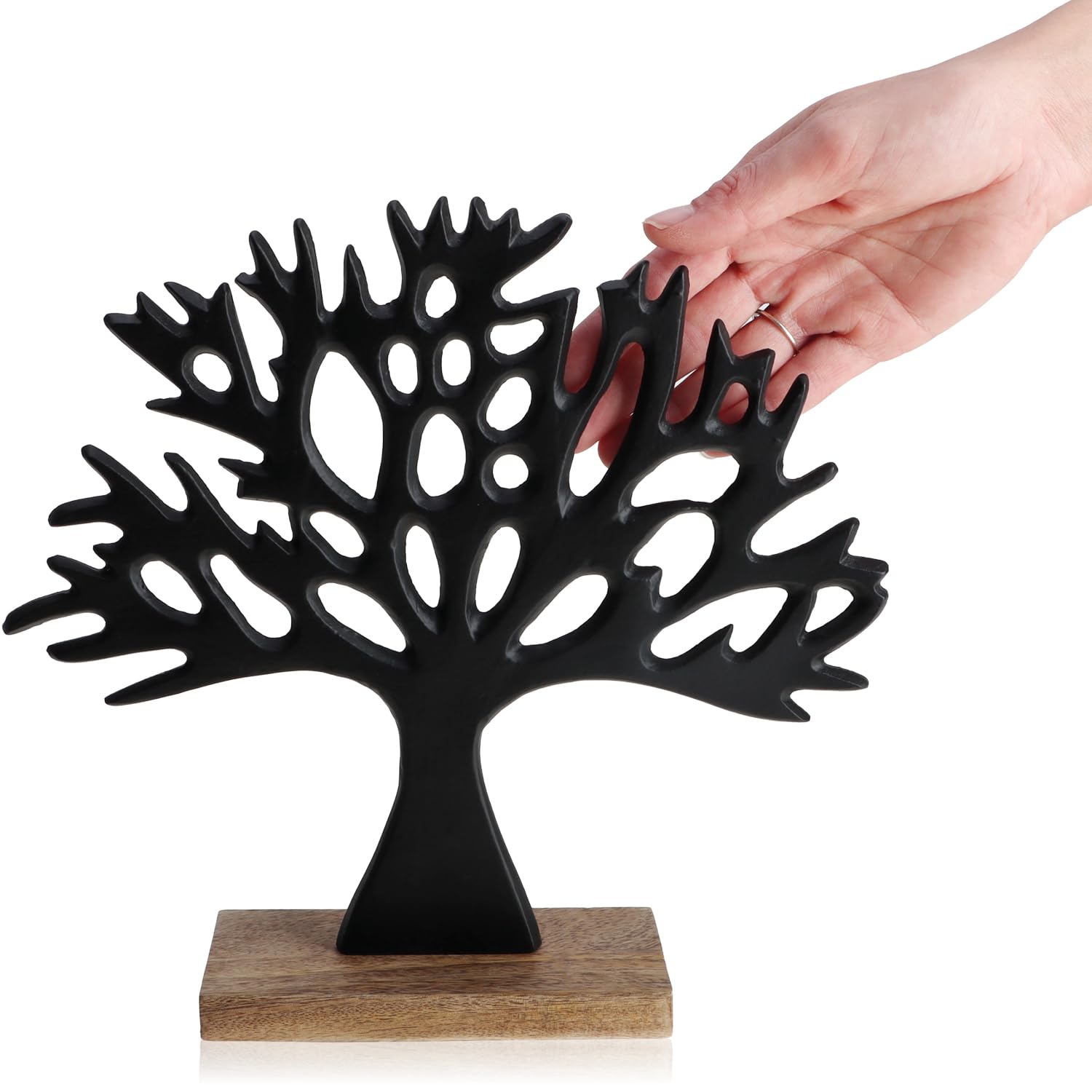 com-four® Supporto Decorativo per Albero - Albero in Metallo su Base in Legno di Mango - Albero Decorativo in Metallo da Tenere in Piedi - Albero della Vita da Regalare (Nero - Albero)