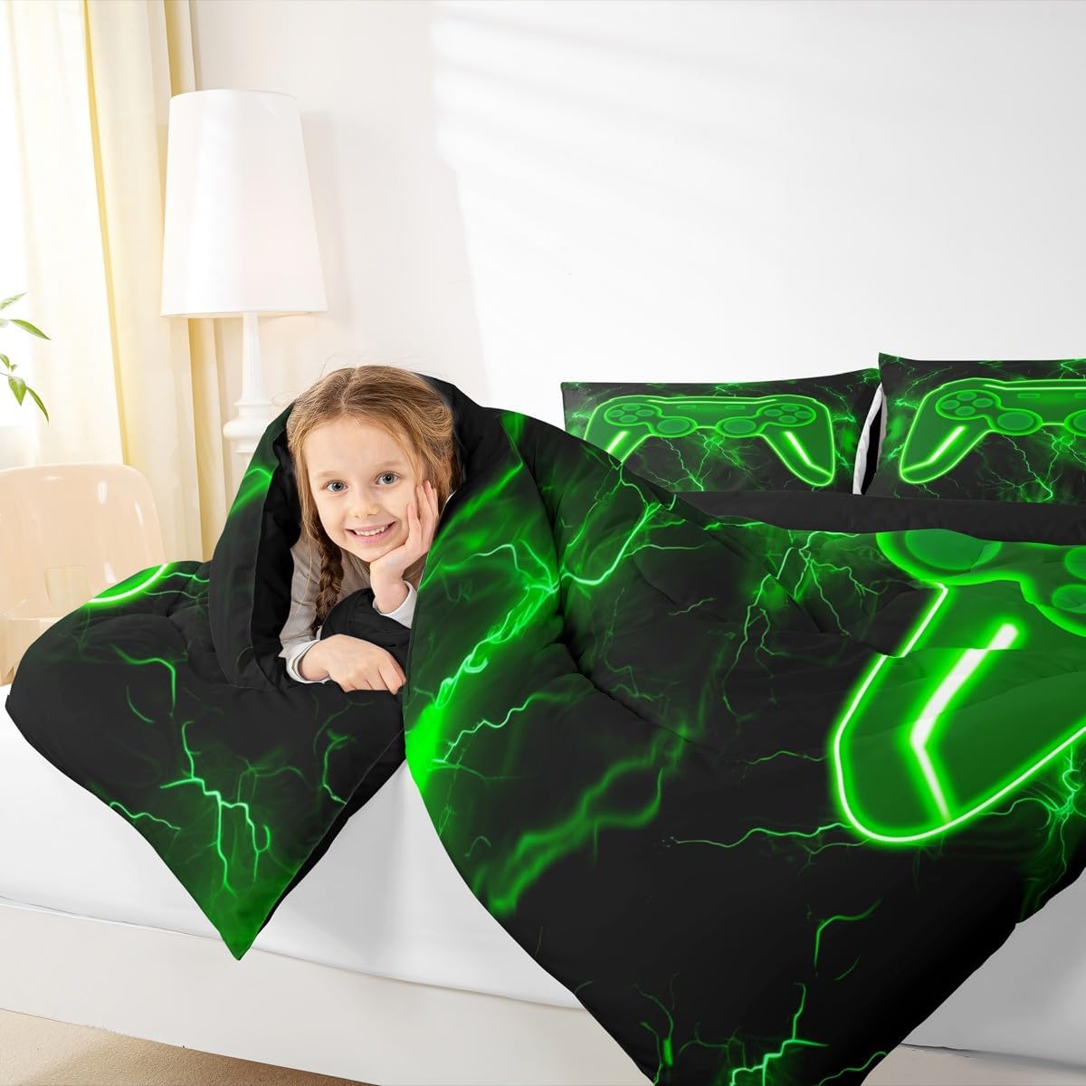 Feelyou Gamer Bedding Set Toddler Size Gaming Bedding Set for Kids Teens Adults Green Lightning Modern Game Console Controller Duvet Quilt Game Room Decor 2Pcs with 1 Pillow Case All Season Soft