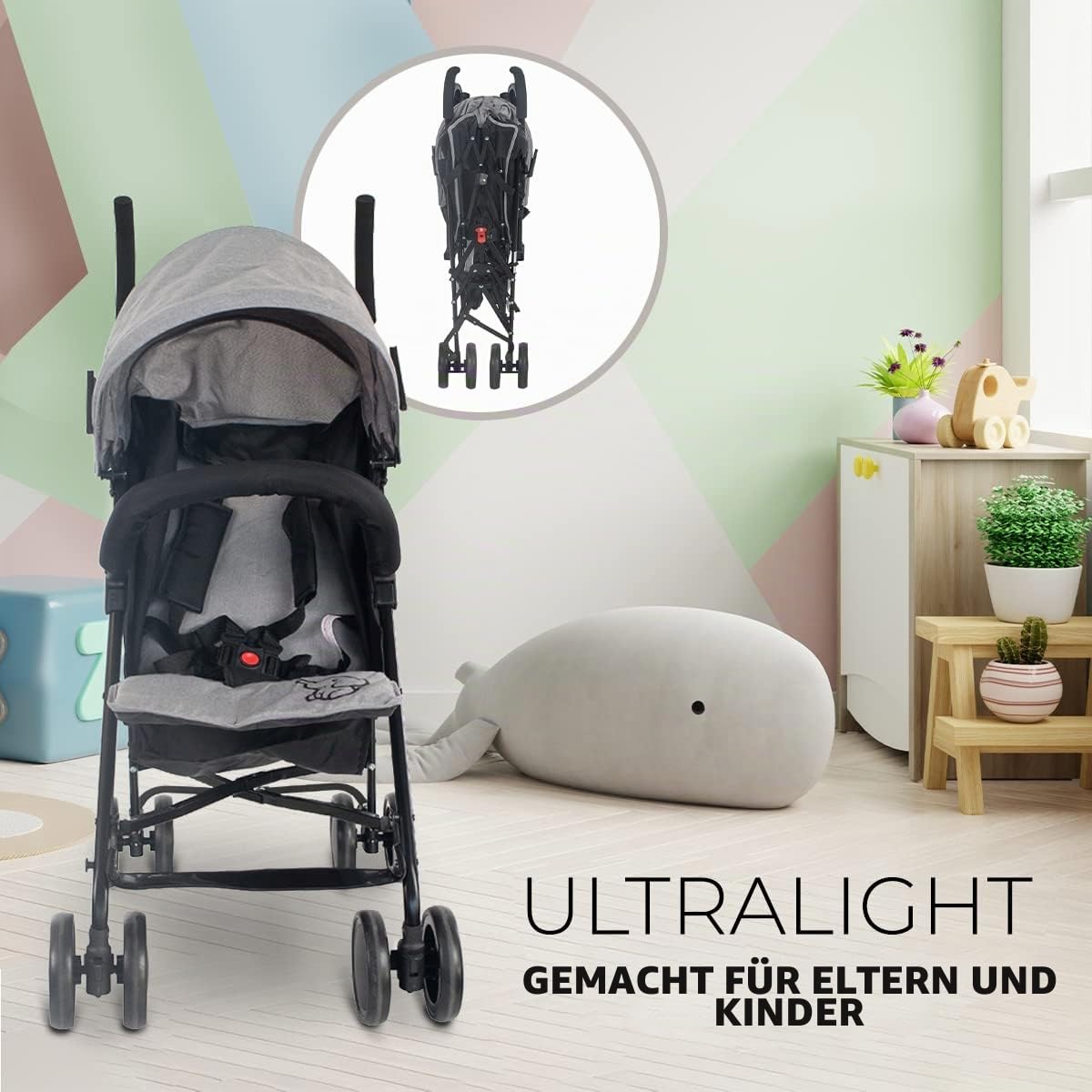 Mobiclinic®, Kinderwagen, Buggy, Elefant, Verstellbare rückenlehne, Doppeltes sicherheitssystem, Abnehmbare räder, Verstellbarer 5-punkt-gurt, Leichter, Grau und schwarz