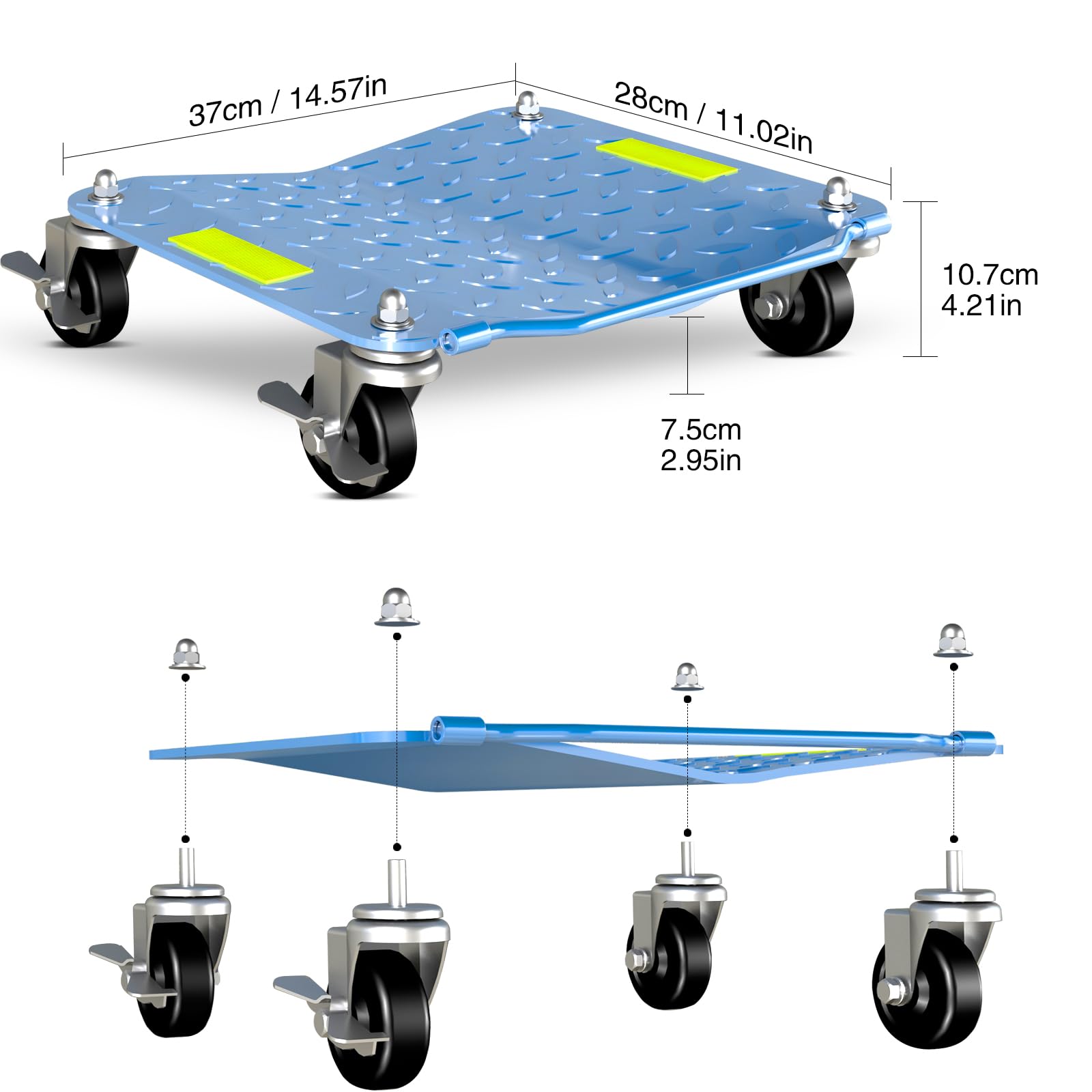 LARBANKE Juego de 4,2722 kg de carrito de estaca para neumáticos con cinta reflectante, carro de vehículo resistente con ruedas y asa bloqueables, para movimiento de automóviles, reparación de