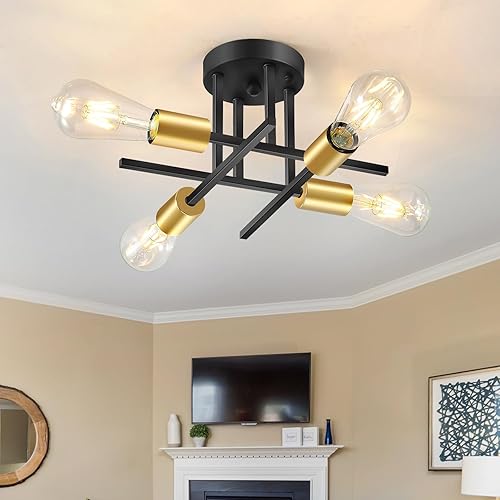 Miniatura 5 de EGM Candelabro Sputnik moderno de 4 luces, lámpara de techo negra de mediados de siglo, luces de techo semiempotradas para comedor, dormitorio,