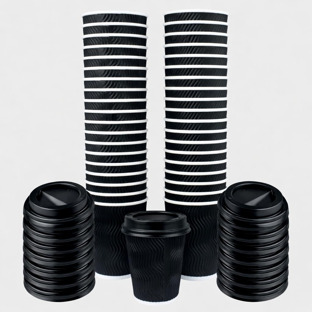 VABE UK 50 X 12oz Takeaway Coffee Cups with lids | Triple Wall Insulated Ribbed Disposable Paper Cups for Hot/Cold Drinks (Black)