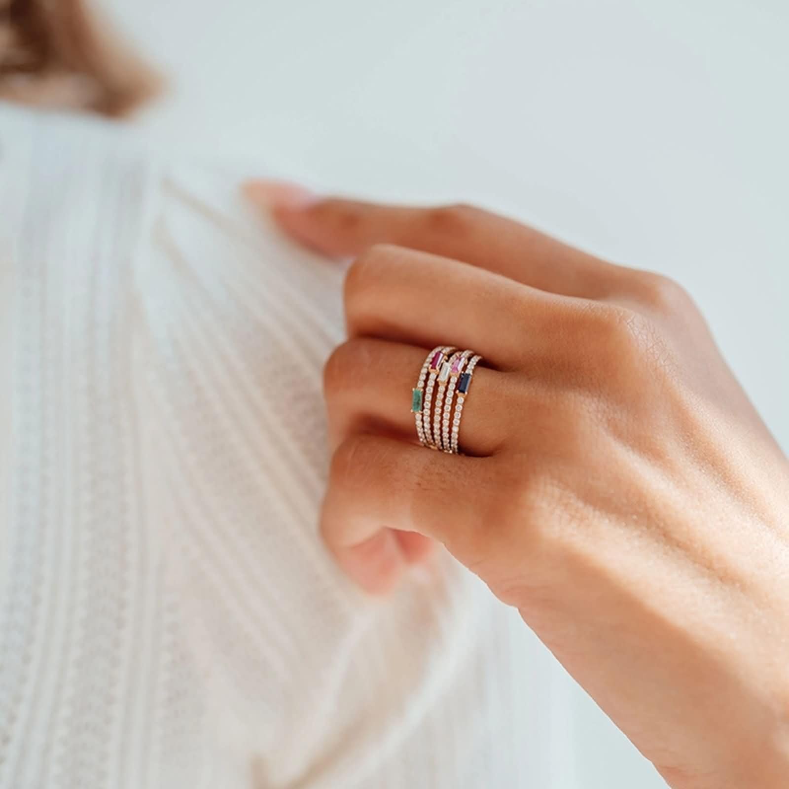 Anillo de Alianza de Oro Amarillo 9K/14K/18K Mujer, Rectángulo con Zafiro Creado y Moissanita, Anillos de Oro Amarillo Compromiso Mujer