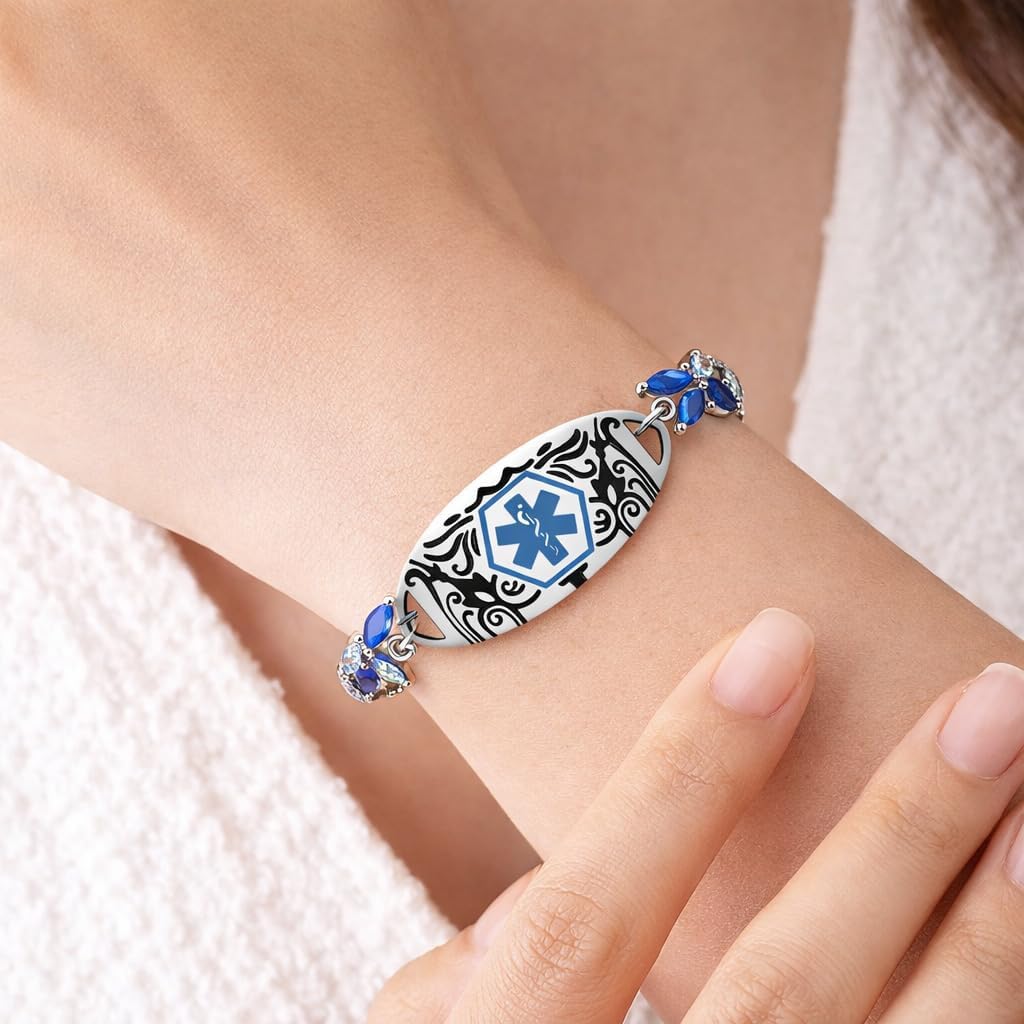 Uloveido Blue & White Leaf CZ Medical Alert Bracelet for Women | Dynamic QR Code or Custom Engraved ID Jewelry | Emergency Contact Allergy Health Info Stainless Steel & Copper Adjustable Wristband