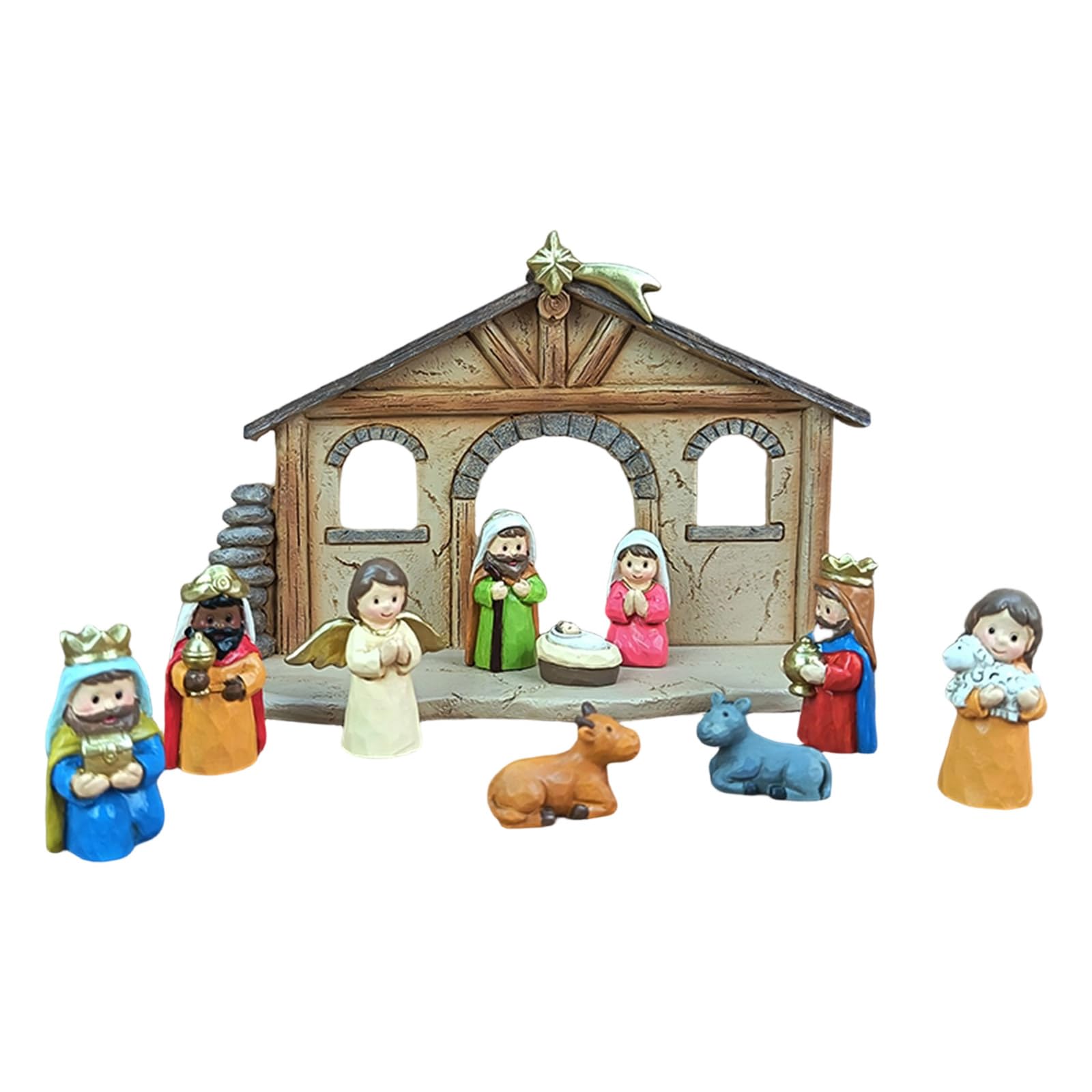 Shurhome Classical Cartoon Nativity Manger Scene Set Resin Figures for Christmas Home Decors and Holiday Storytelling Ornaments Religious Holiday Tabletop Decors