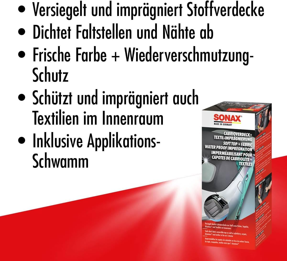 SONAX CabrioverdeckReiniger + Cabrioverdeck Textil-Imprägnierung I Premium Cabrio-Reinigungs-& Imprägnierspray für alle Verdeckarten I Für eine intensive Reinigung & schonende Pflege I 9-teiliges Set