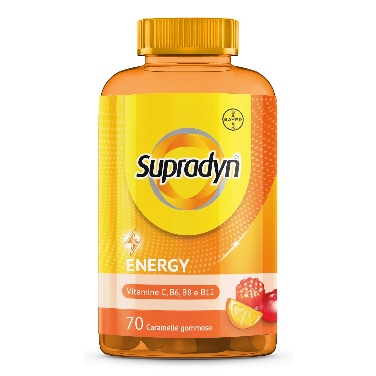 Supradyn Energy, Integratore Multivitaminico Completo, con Vitamine A, B, C, D, E e Coenzima Q10, 70 Caramelle Gommose Multivitaminiche Gusto Ciliegia, Lampone e Arancia