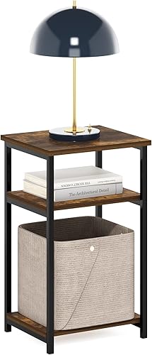 Miniatura 15 de Furinno JUST Mesa lateral, Mesa terminal Turn-N-Tube de 3 niveles con estante abierto, Mesita de noche con esquina de curva redonda, Mesa de Roble