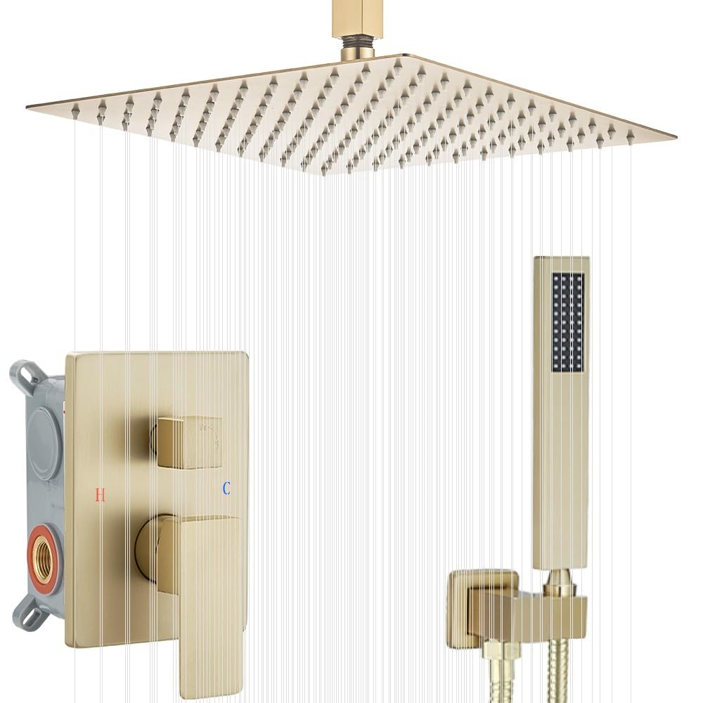 12 Inch Ceiling Mount ‎Brushed Gold Shower System Bathroom Luxury Rain Mixer Shower Combo Set Ceiling Rainfall Shower Head System (Contain Shower Faucet Rough-in Valve Body and Trim Kit)