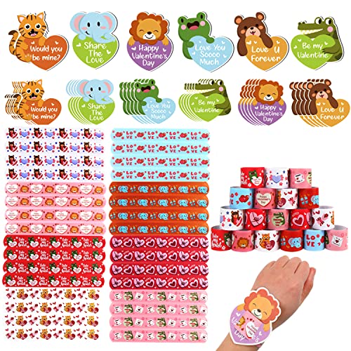 FOIMAS Valentine's Day Slap Bracelet Set,32pcs Animal Heart Snap Bracelet Wristband and 36pcs Gift Cards for Kids School Classroom Gift Exchange Party Favor Supply