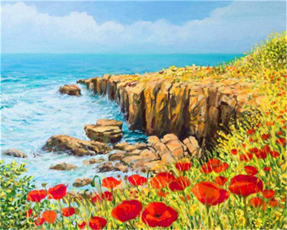 ABEUTY - Dipinto fai da te con numeri per adulti e bambini, sfondo rosso, due delfini, 40,6 x 50,8 cm