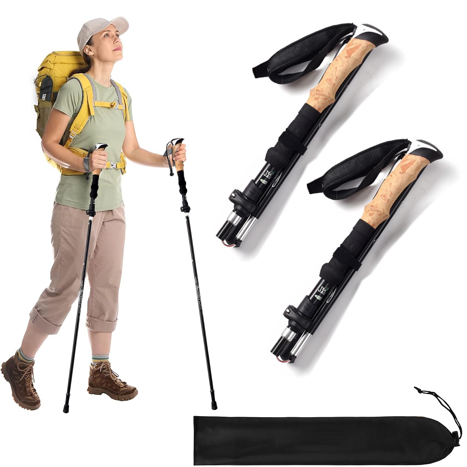 Funito 2pc Collapsible Hiking Stick Lightweight, Foldable Retractable  Trekking Poles for Men, Women Seniors with Adjustable Heights Nordic