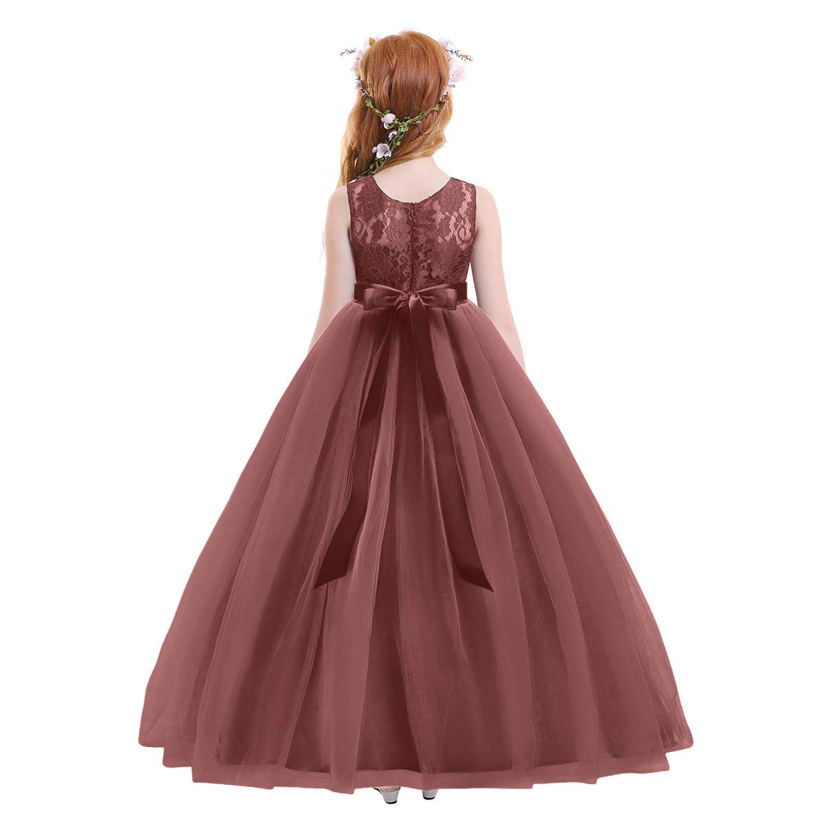Girls Vintage Lace Flower Girl Dress – V-Back, Long Sleeve, Tulle Skirt, Floor Length For Weddings & Pageants
