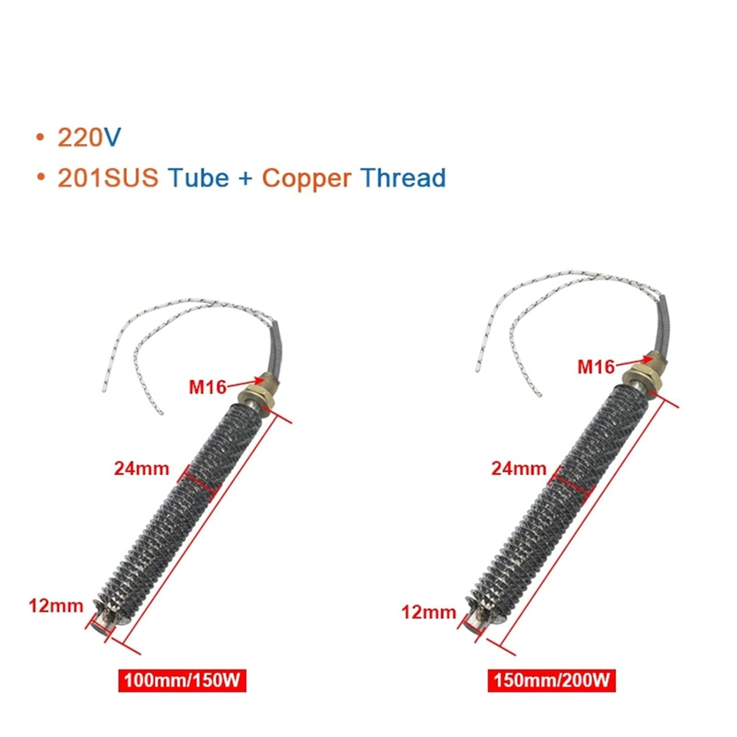 1Pcs Fin Heating Tube 201 Stainless Steel Radiator 220V 150W/200W/250W Tubular Element Dia. 12mm Length 100/150/200mm(150W 100L 201SUS)
