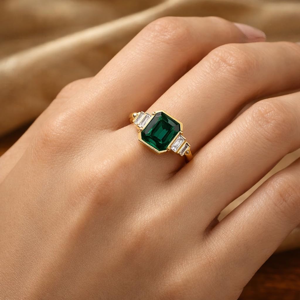 14K Solid Gold Emerald Cut Teal Sapphire Engagement Ring, Three Stone Art Deco Ring with Baguette Side Accents, Vintage Bridal Handmade Jewelry Gift for Women
