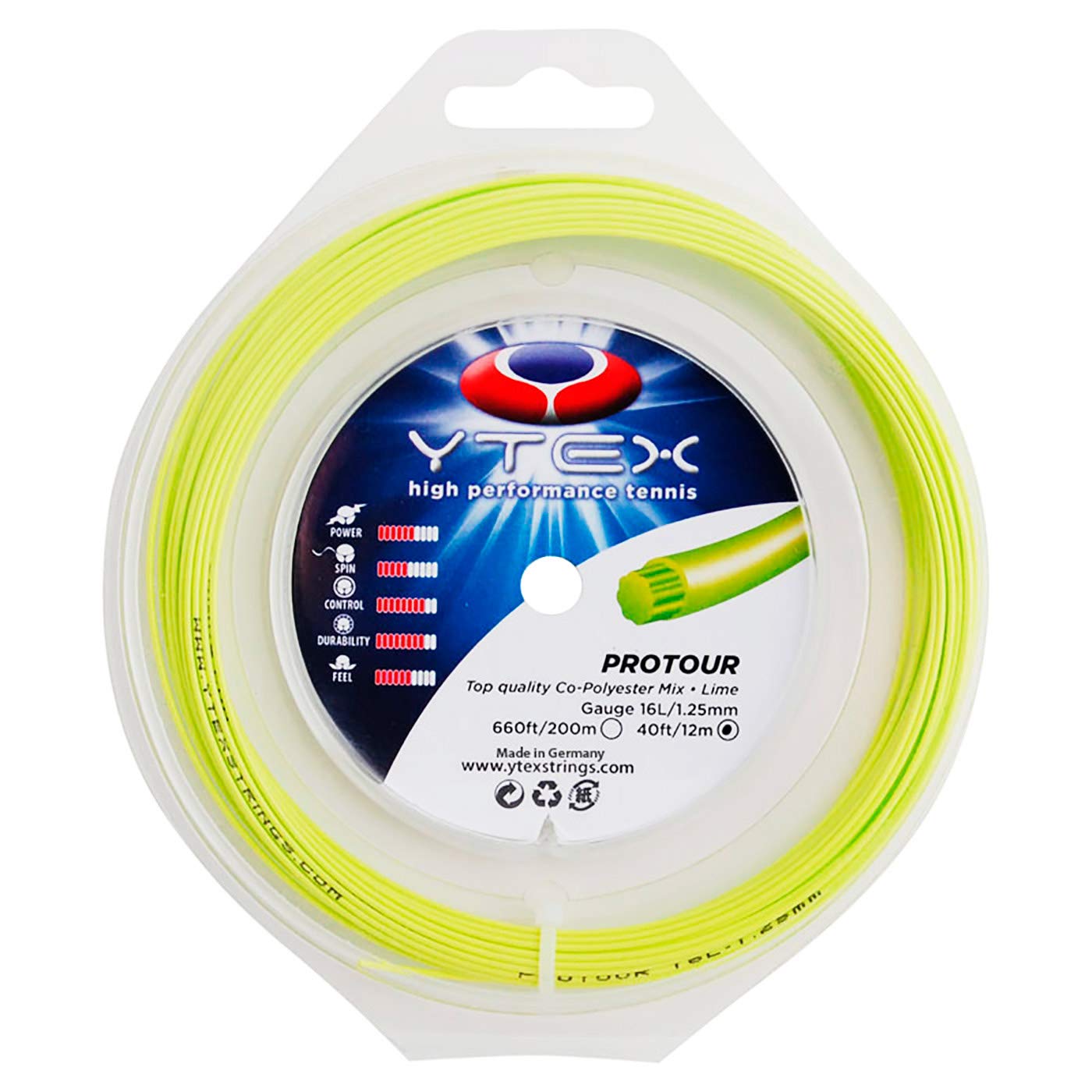 Ytex Protour Tennis Racket String (Gauge 16L-1.25mm), Lime, 40-Feet/12m