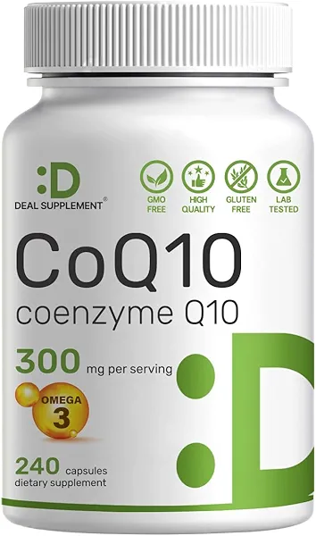 DEAL SUPPLEMENT CoQ10 300mg with Omega 3 100mg, 240 Capsules | Bioavailable Coenzyme Q10 Formula | Supports Heart, Energy & Brain Health | Antioxidant Support | Non-GMO