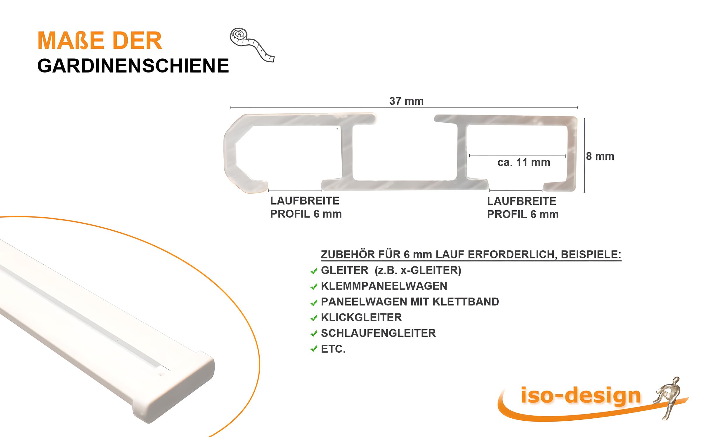iso-design Gardinenschienen 2 läufig aus Aluminium in weiß - vorgebohrt, Deckenschiene, Vorhangschiene, 260 cm (2 x 130 cm)