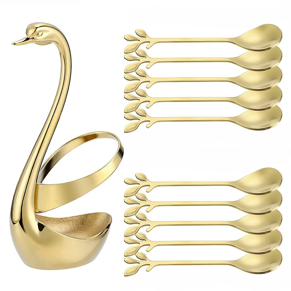 OossuiezlDecorative Gold Swan Base Holder with 10pcs 4.7’’ Coffee Spoon set, Creative Gold Leaf Dessert Spoons，Premium Food Grade Stainless Steel,Mirror Finish & Dishwasher Safe (+10Soopn)