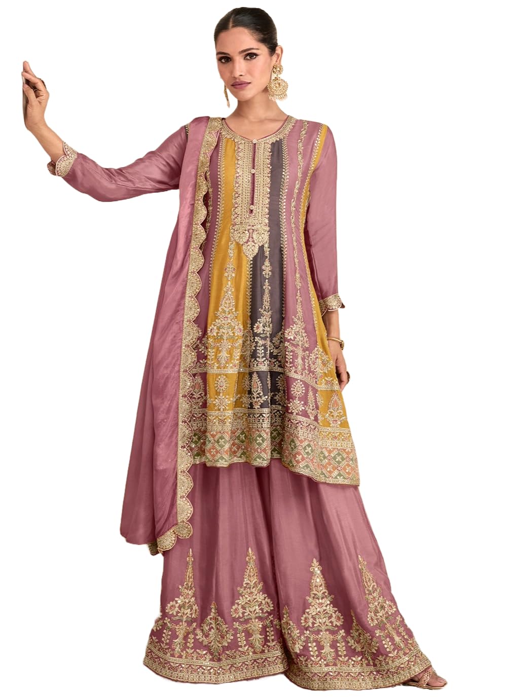 Miss Ethnik Pink, Grey & Yellow Strip Chinon Embroidered Stitched Sharara Suit Set With Dupatta (ME-1128-Multicolor)