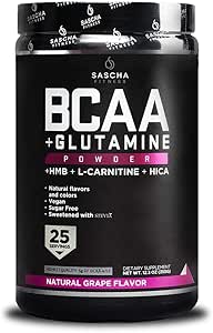 SASCHA FITNESS BCAA 4:1:1 + Glutamine, HMB, L-Carnitine, HICA | Powerful and Instant Powder Blend with Branched Chain Amino Acids (BCAAs) for Pre, Intra and Post-Workout | Natural Grape Flavor,362.5g