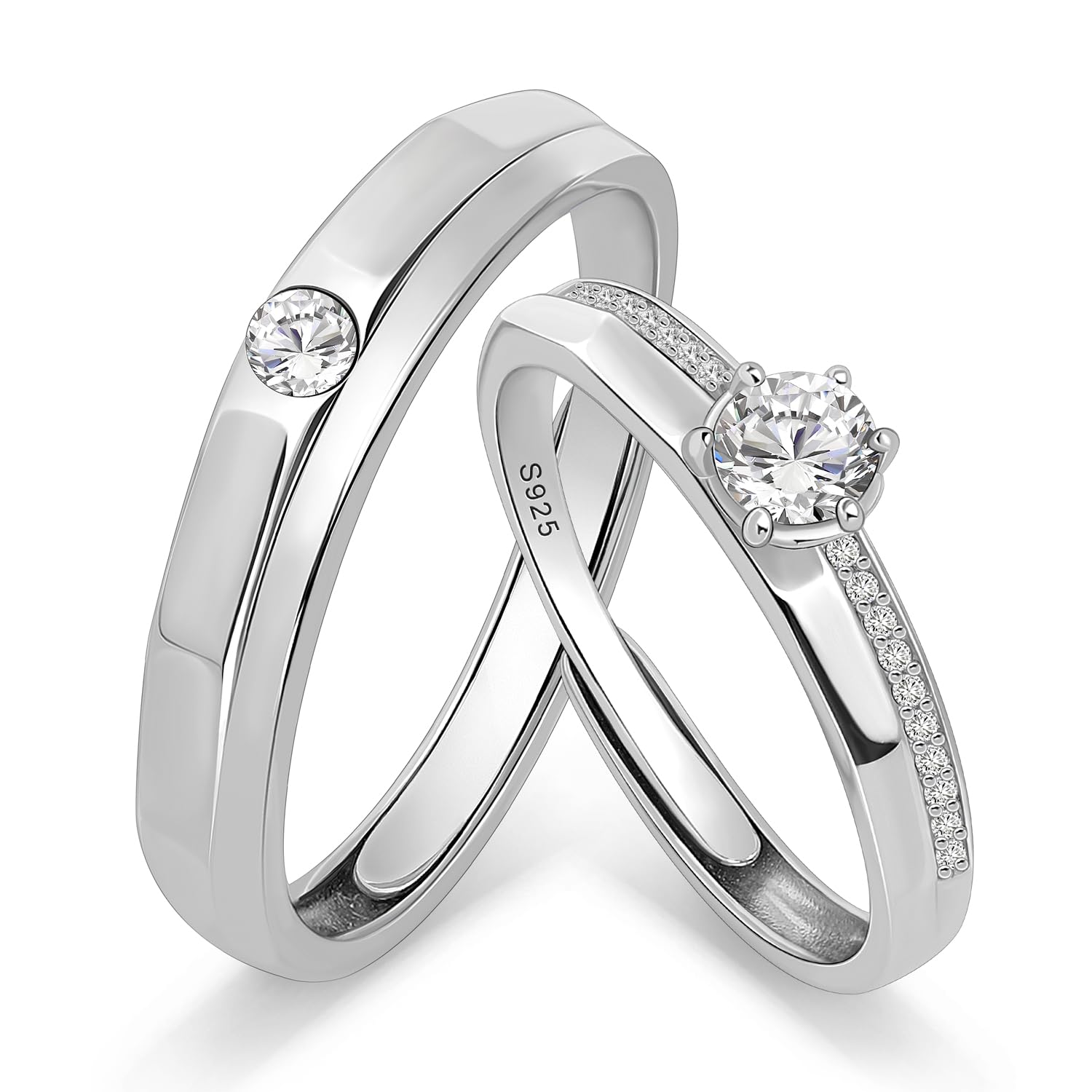 Meissa Anillos de Compromiso Alianzas de Plata Pareja de Ley 925 Con Circonita Redonda y Diseño Clásico Anillos Ajustables para Ella y Él Boda Aniversario Regalo