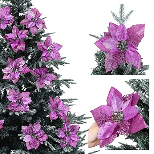 15 Pieces Christmas Glitter Poinsettia with Clips Christmas Poinsettia Decorations Artificial Poinsettia Flowers Ornament Christmas Flowers for New Year Wedding Home Decoration 8.7inch/22cm Purple